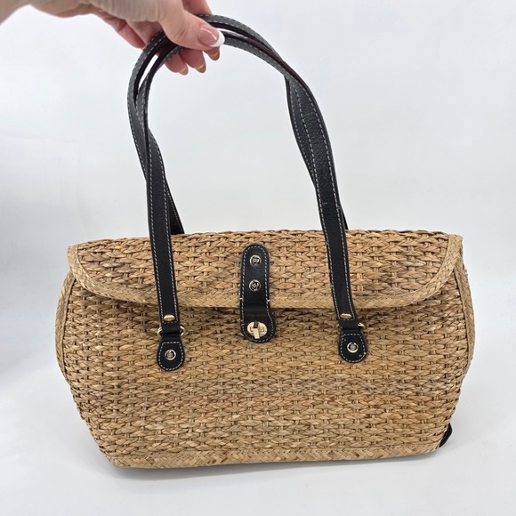 Kate Spade New York Handbags - Kate Spade New York Woven Straw Shoulder Bag Tan Black Leather Trim Turnlock